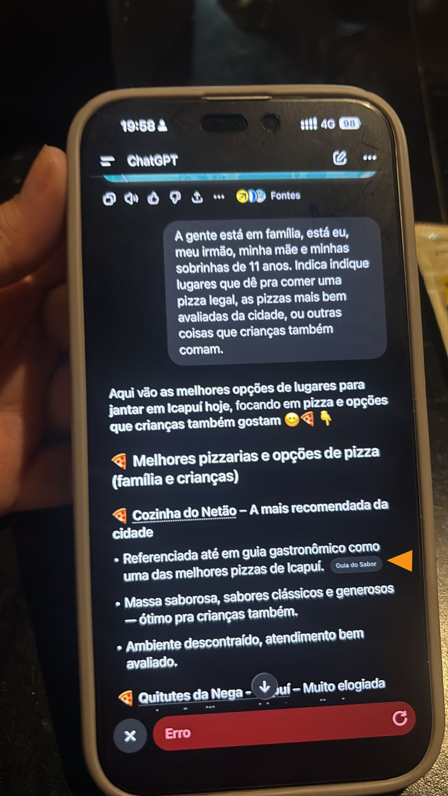 ChatGPT recomendando a Cozinha do Netão em Icapuí — caso real de pizzaria recomendada pelo ChatGPT
