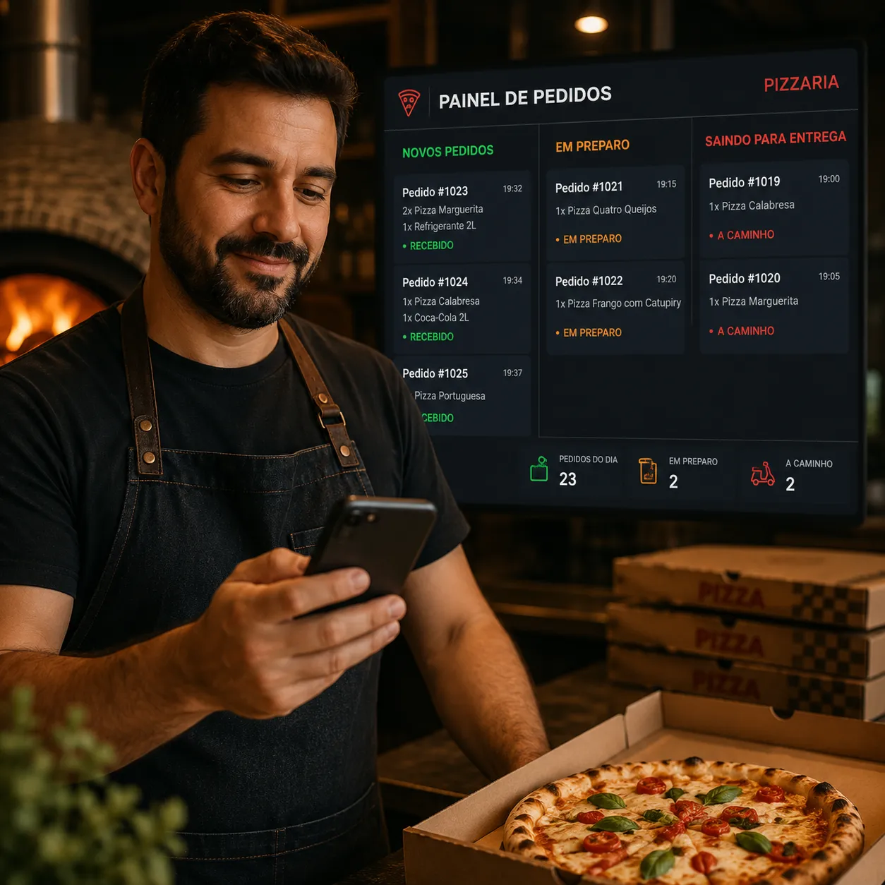 Dono de pizzaria avaliando resultados de uma agência de marketing para pizzaria no celular