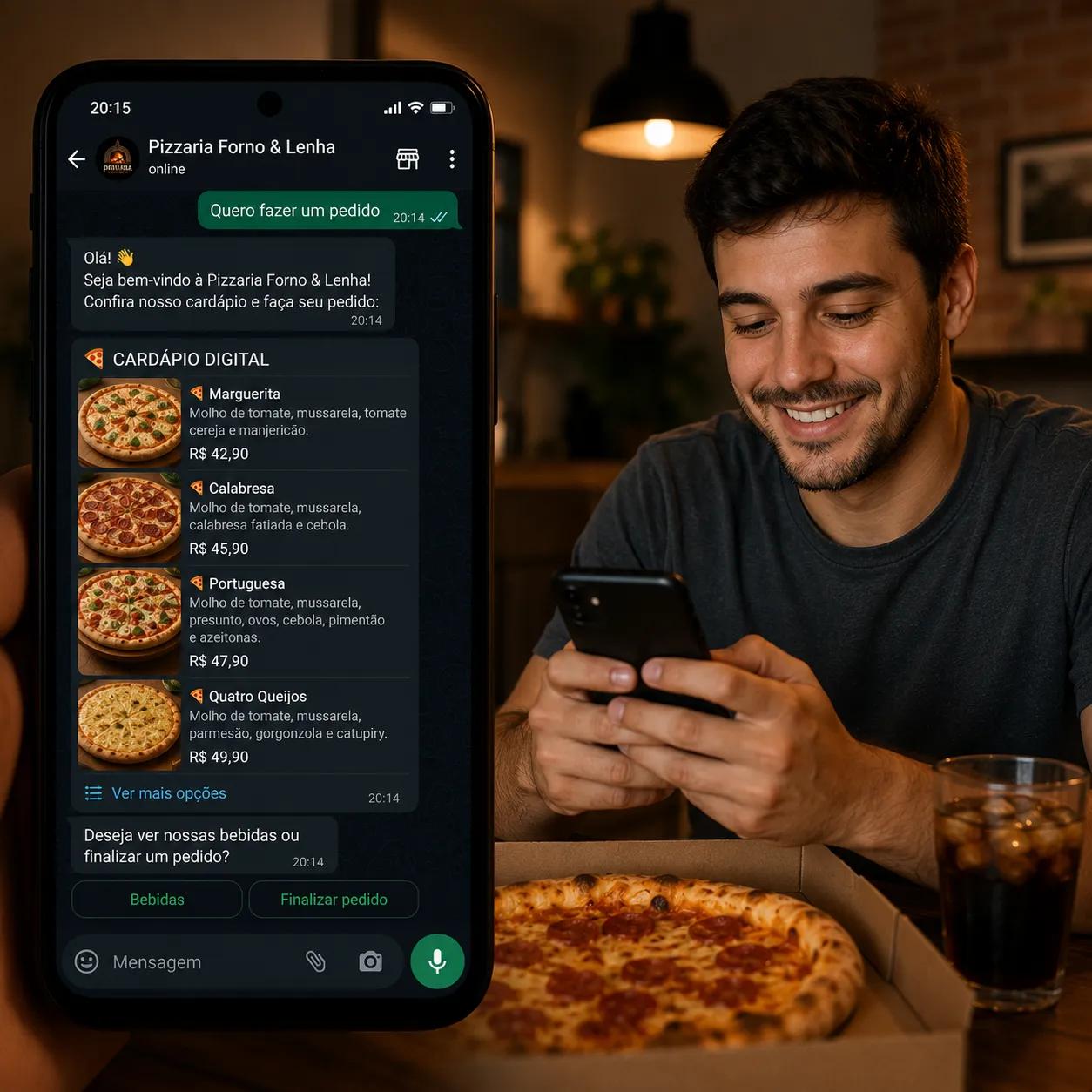 Cliente fazendo pedido direto no canal próprio de uma pizzaria delivery pelo celular