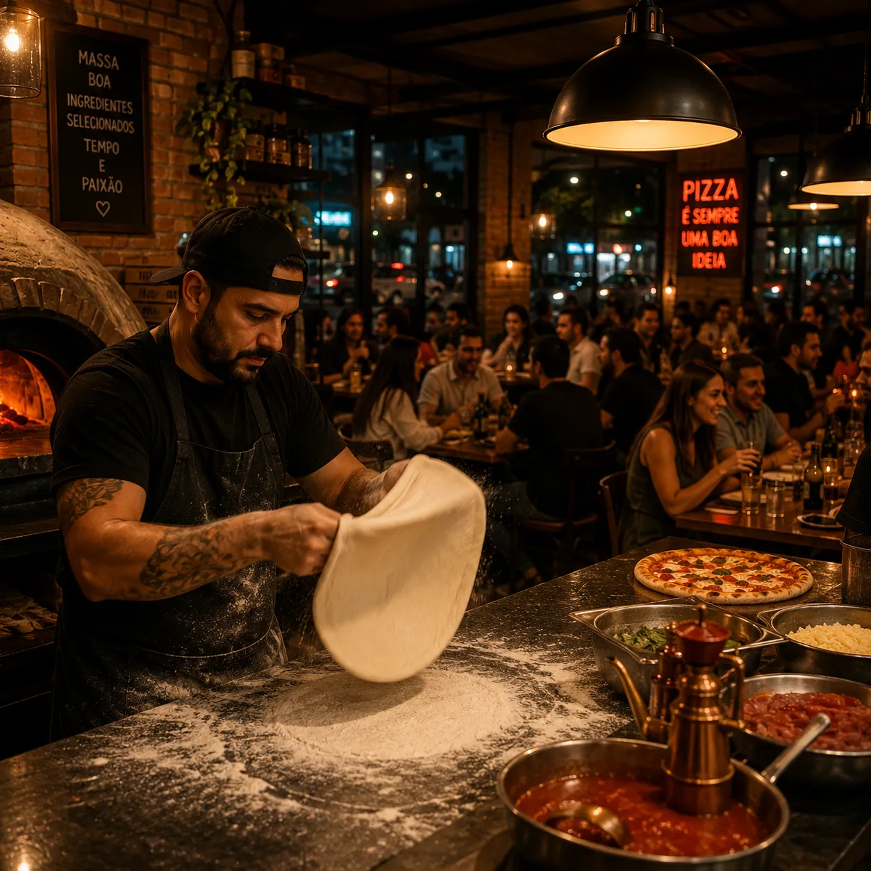 Salão de pizzaria movimentado ilustrando como aumentar as vendas da pizzaria