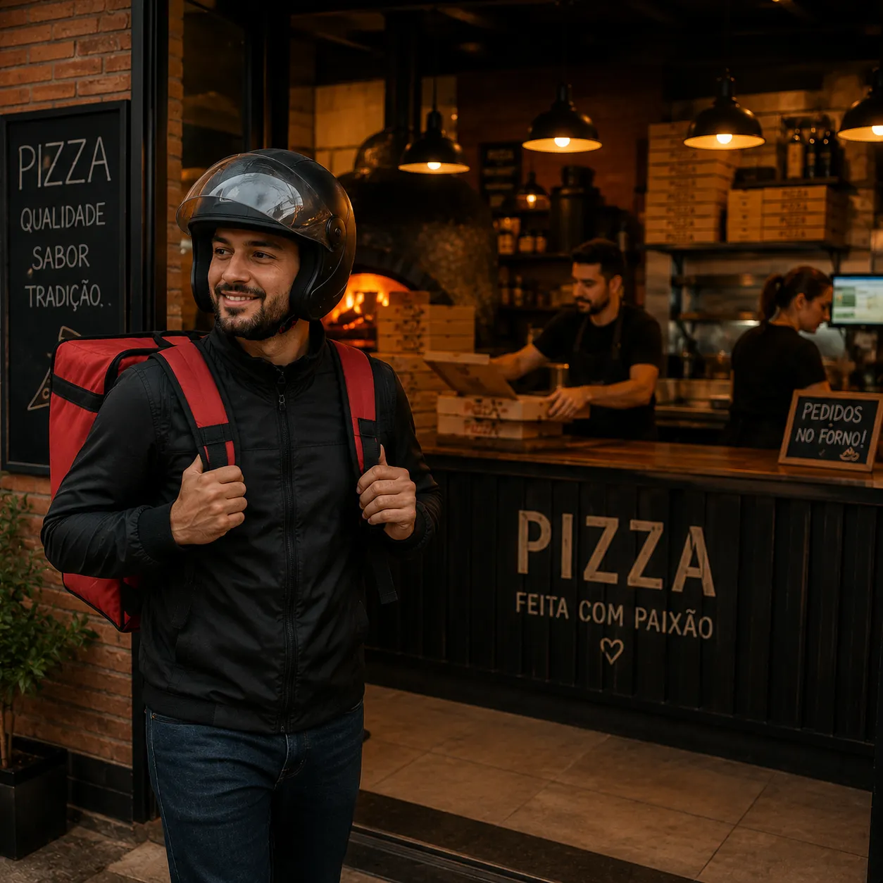 Entregador saindo de pizzaria delivery em horário de pico de pedidos