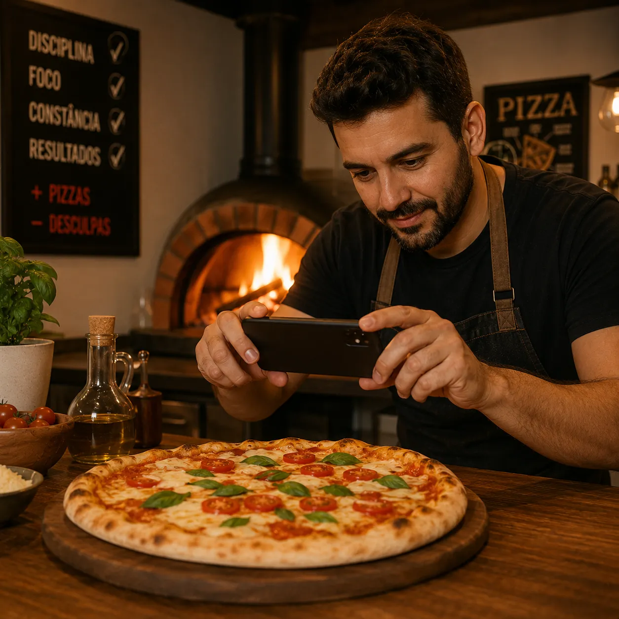 Dono de pizzaria fotografando pizza com o celular enquanto aprende como fazer marketing para pizzaria