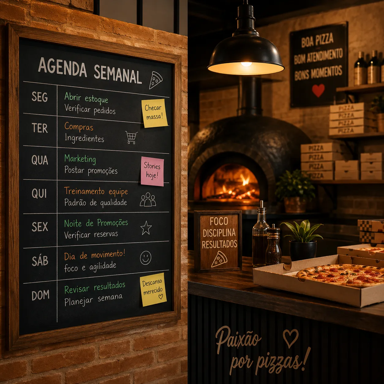 Quadro com rotina semanal de quem aprende como fazer marketing para pizzaria sem agência