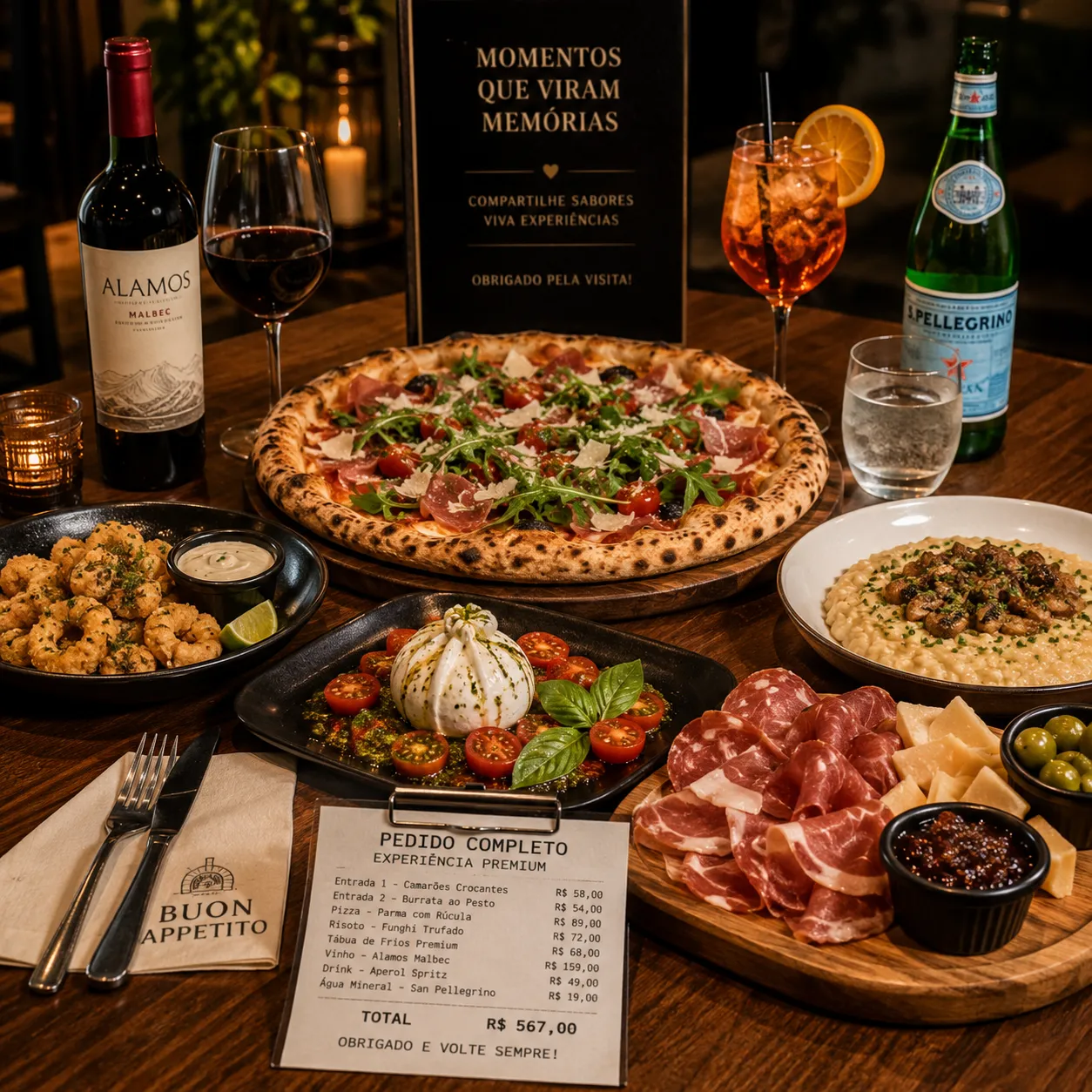 Mesa completa com pizza, entradas e bebidas mostrando ticket médio alto na pizzaria
